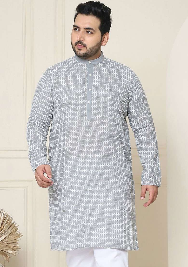 Grey Embroidered Cotton Kurta For Men - Indya
