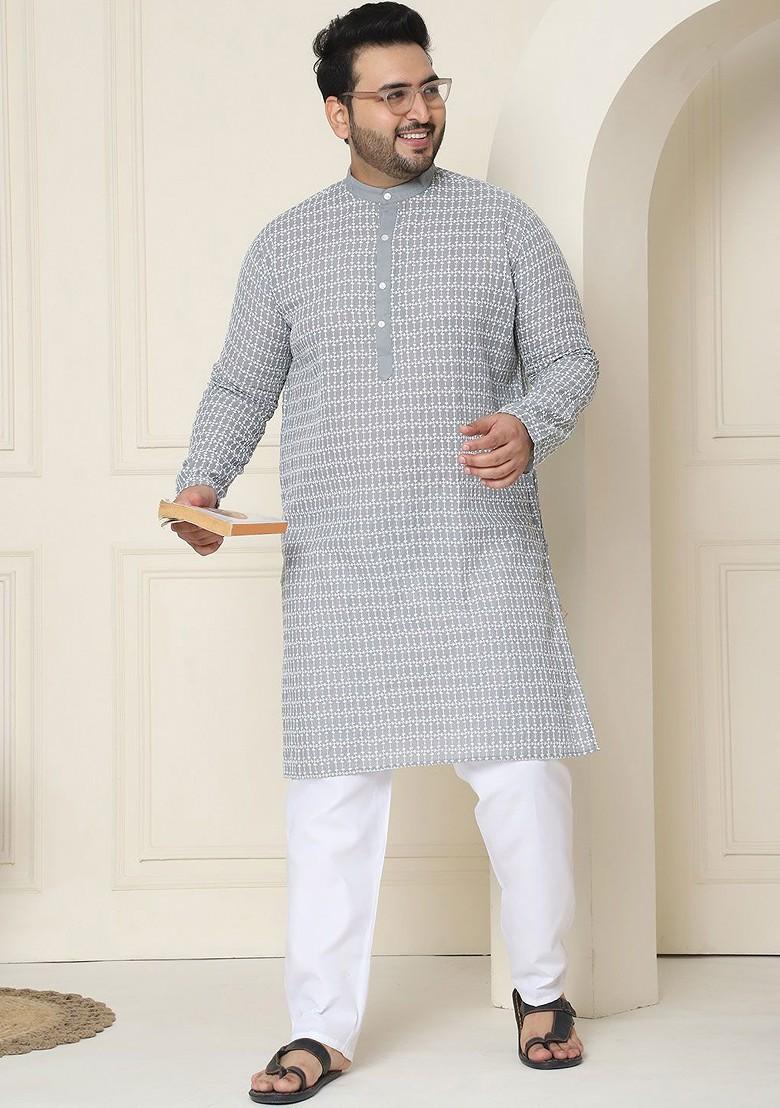 Grey Embroidered Cotton Kurta For Men