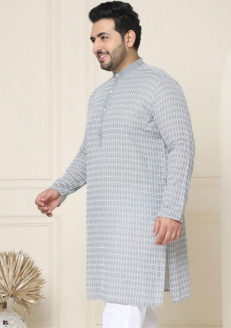 Grey Embroidered Cotton Kurta For Men