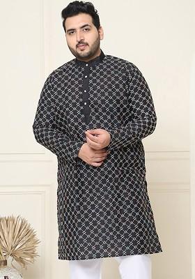 Black Printed Poly Blend Kurta For Men