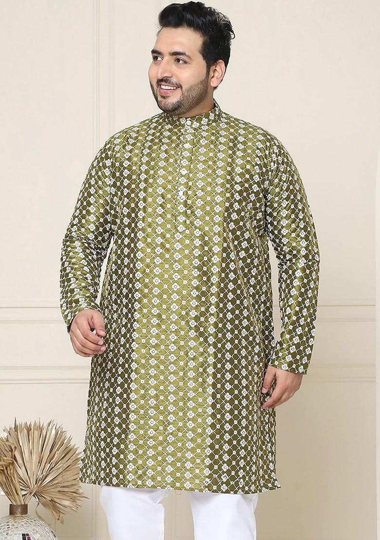 Green Embroidered Poly Blend Kurta For Men