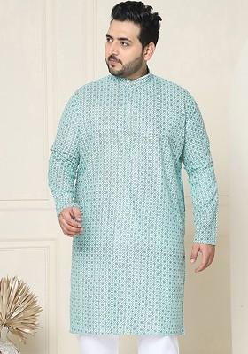 Sea Green Ethnic Motifs Cotton Kurta For Men