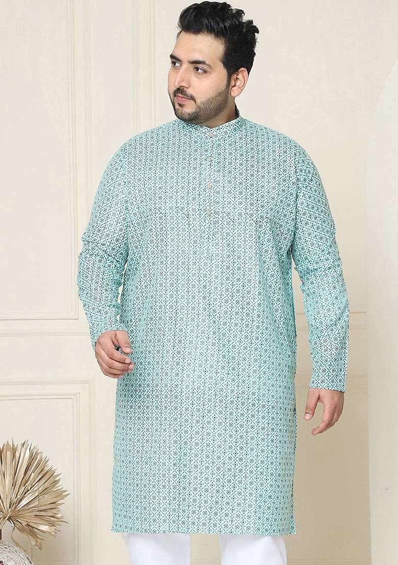 Sea Green Ethnic Motifs Cotton Kurta For Men - Indya
