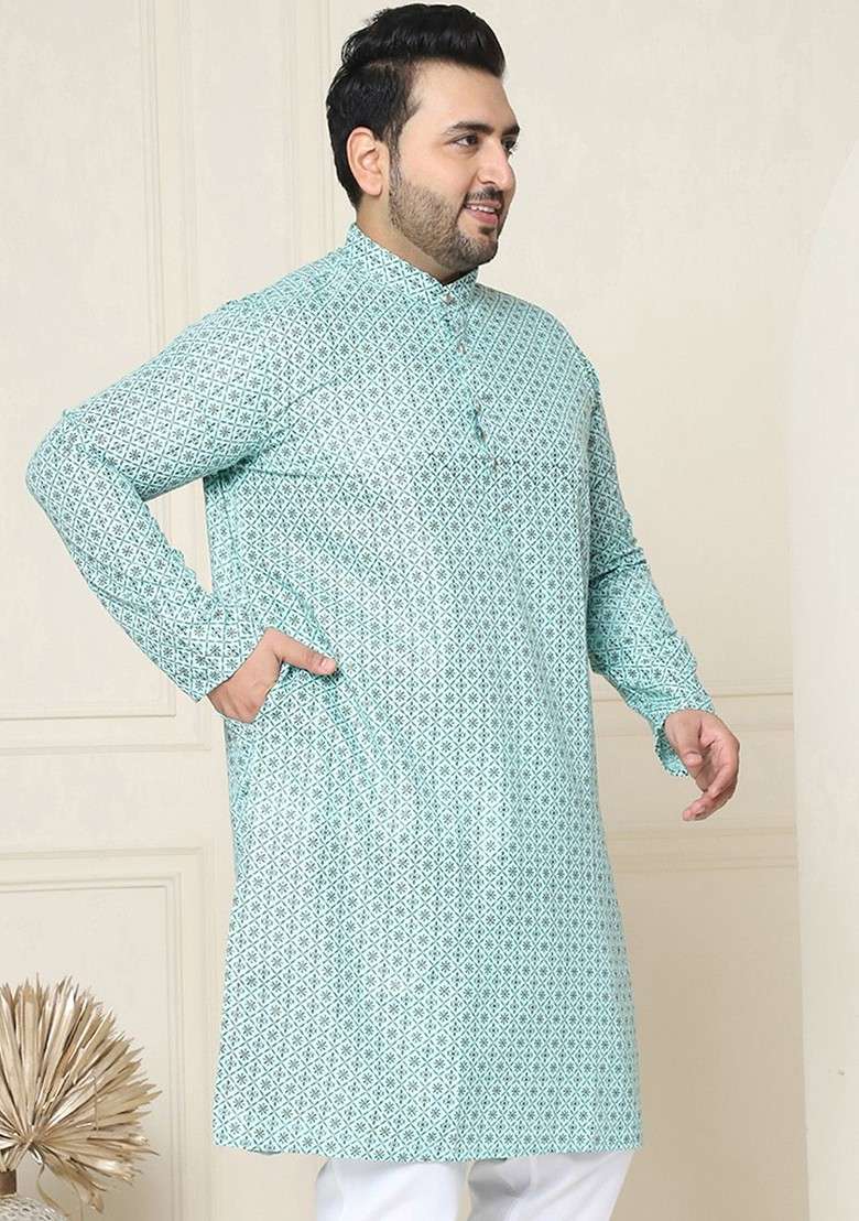 Sea Green Ethnic Motifs Cotton Kurta For Men - Indya