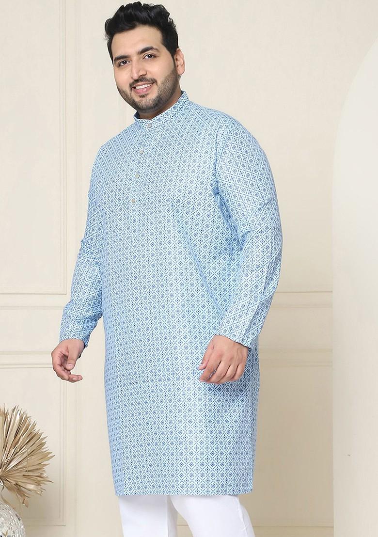 Blue Ethnic Motifs Poly Blend Kurta For Men