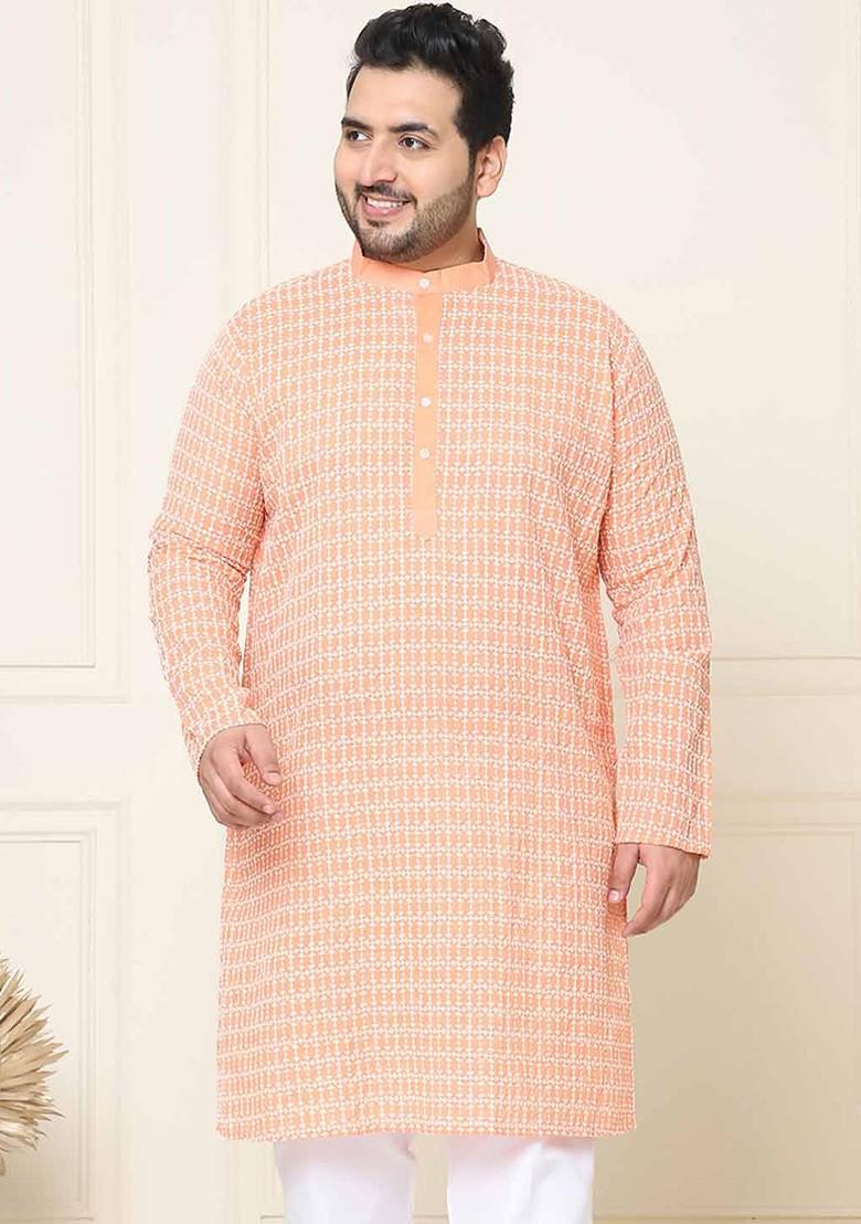 Peach Embroidered Cotton Kurta For Men