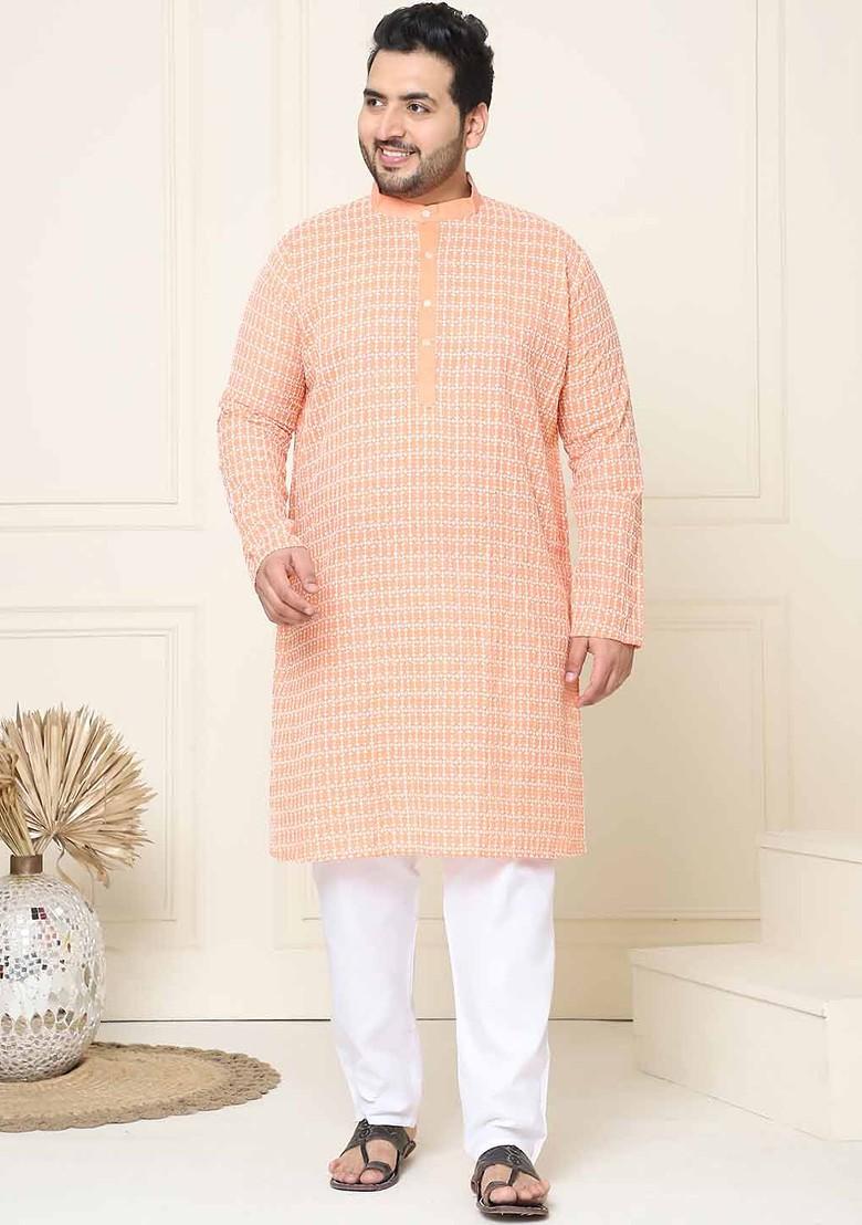 Peach Embroidered Cotton Kurta For Men