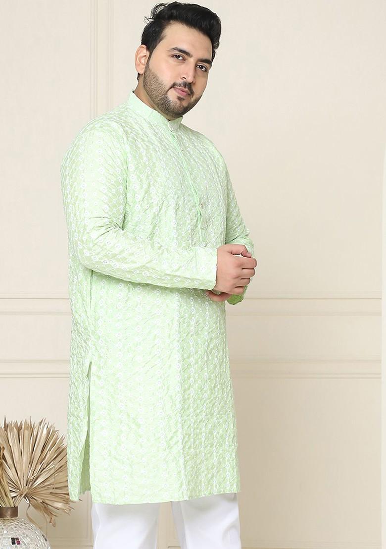Sea Green Embroidered Cotton Kurta For Men