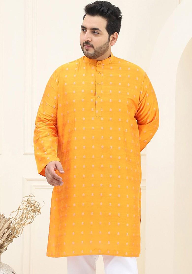 Orange Woven Poly Blend Kurta For Men