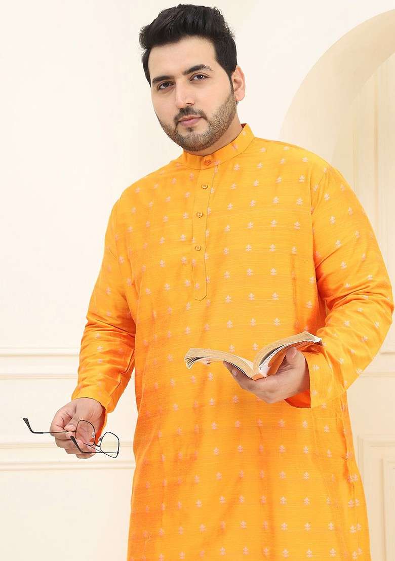 Orange Woven Poly Blend Kurta For Men - Indya