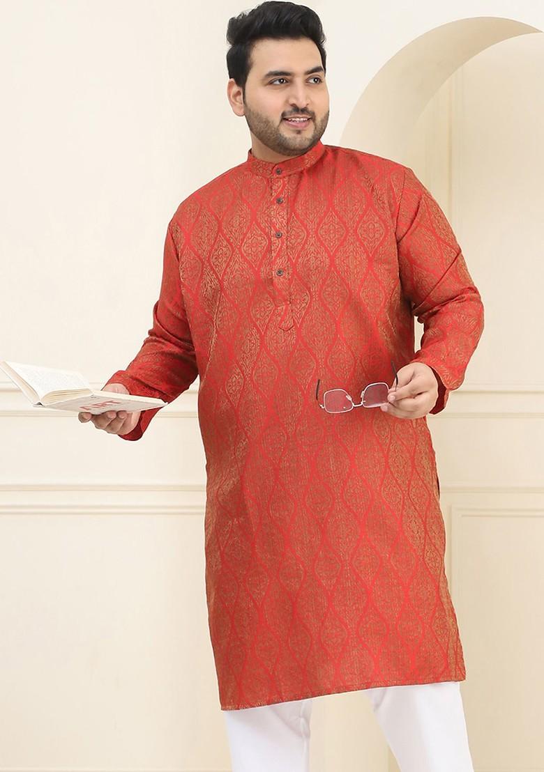 Red Woven Cotton Kurta For Men