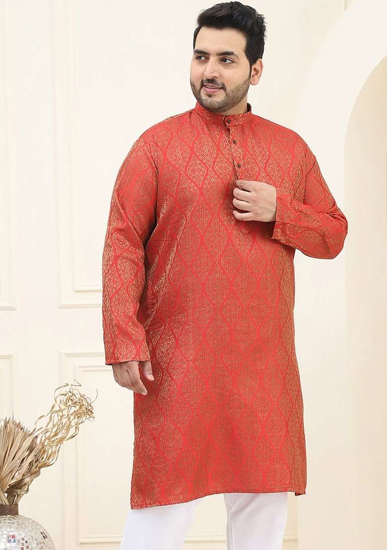 Red Woven Cotton Kurta For Men - Indya