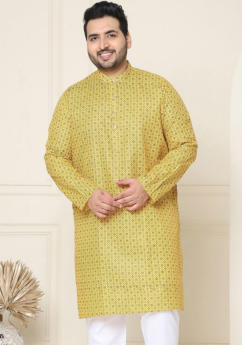 Mustard Woven Cotton Kurta For Men
