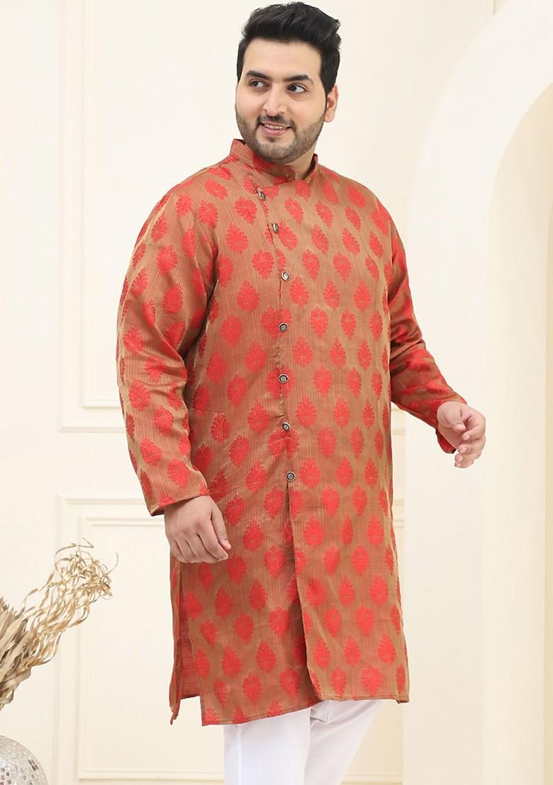 Red Ethnic Motifs Poly Blend Kurta For Men