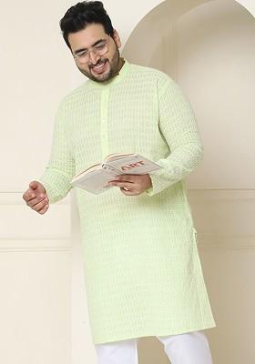 Green Embroidered Cotton Kurta For Men