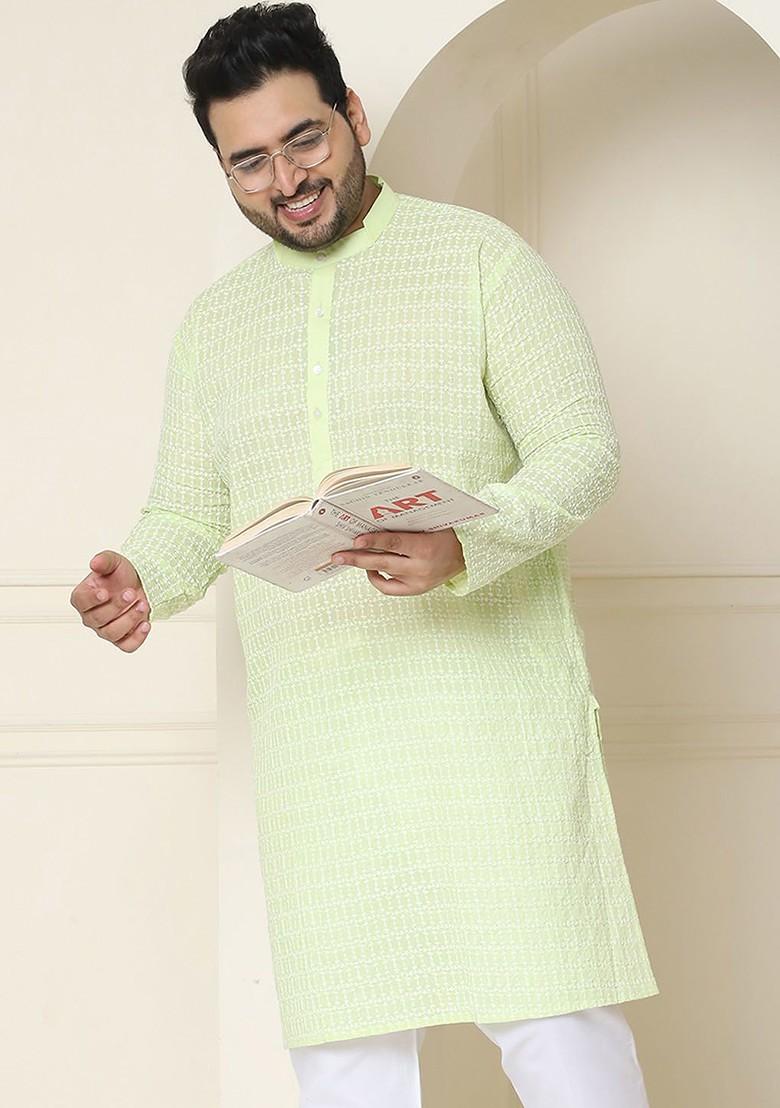 Green Embroidered Cotton Kurta For Men