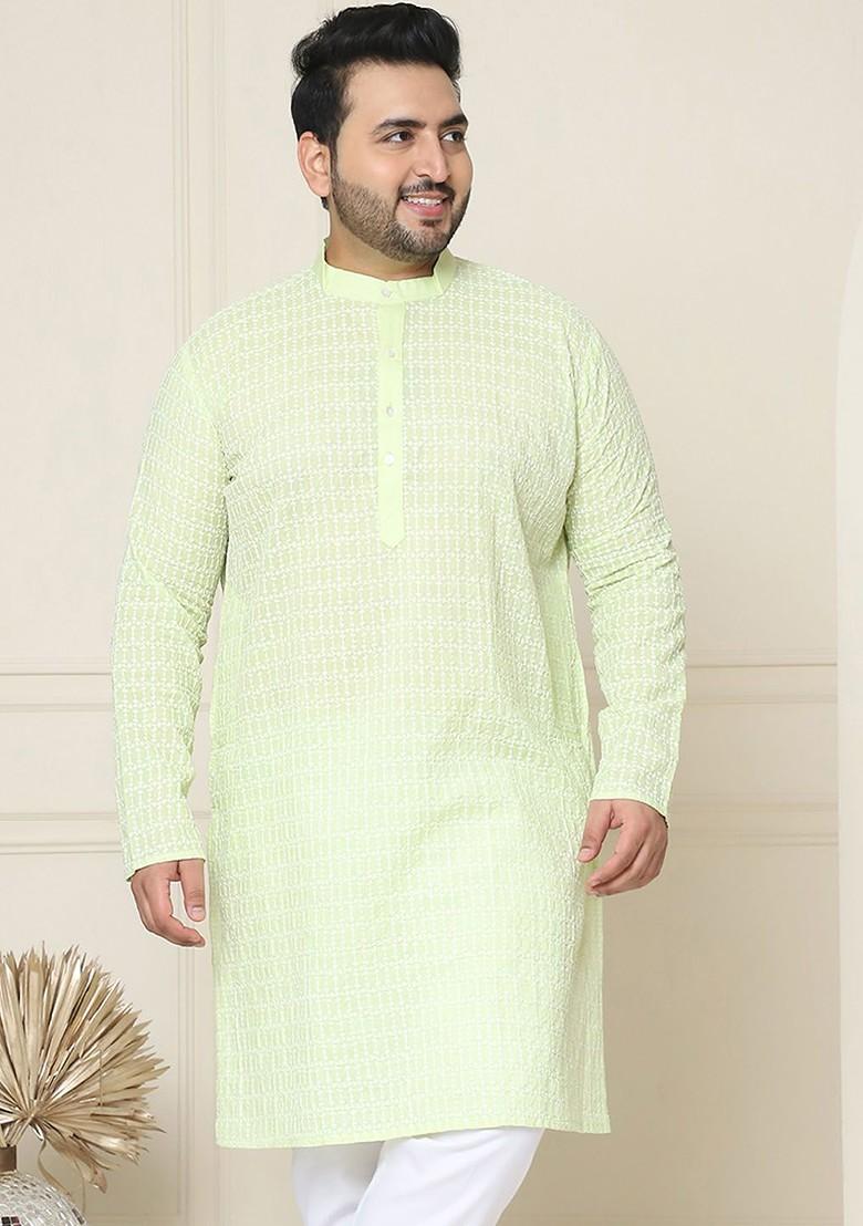 Green Embroidered Cotton Kurta For Men