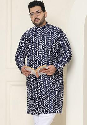 Navy Blue Embroidered Poly Blend Kurta For Men