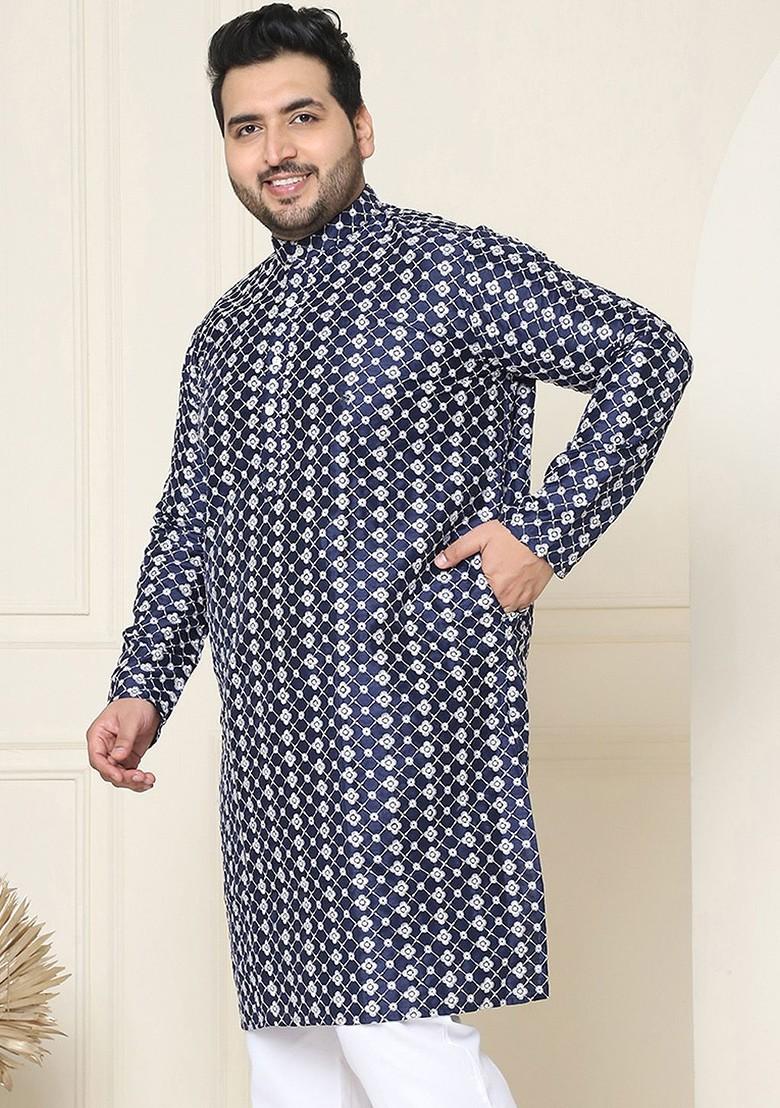 Navy Blue Embroidered Poly Blend Kurta For Men