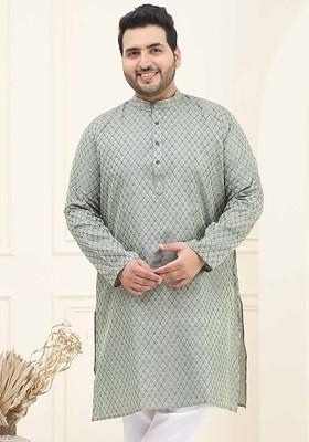 Teal Blue Ethnic Motifs Poly Blend Kurta For Men