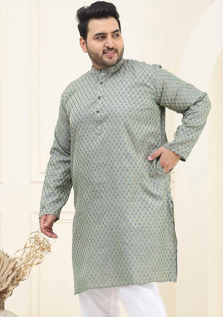 Teal Blue Ethnic Motifs Poly Blend Kurta For Men