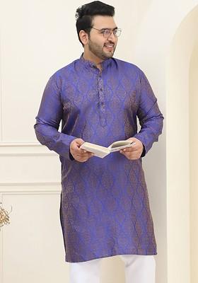 Blue Ethnic Motifs Jacquard Kurta For Men