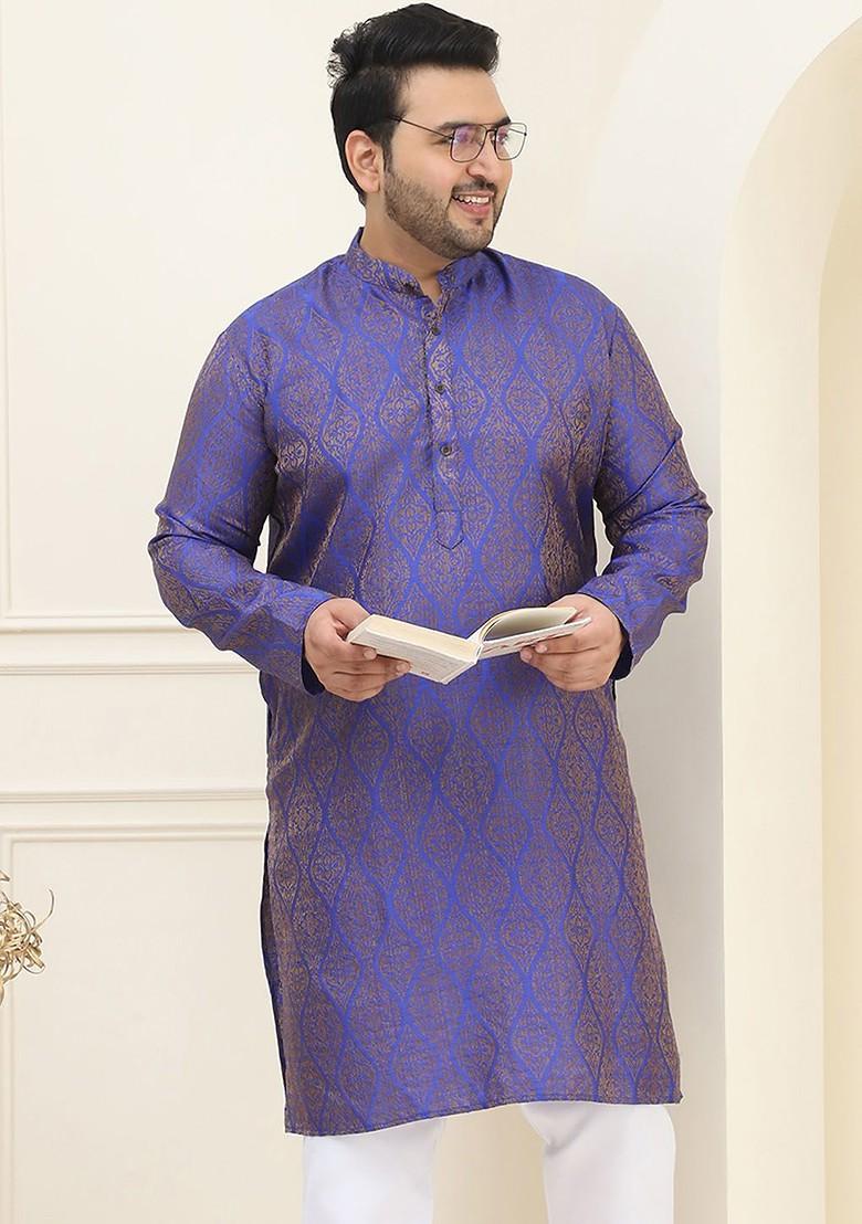 Blue Ethnic Motifs Jacquard Kurta For Men
