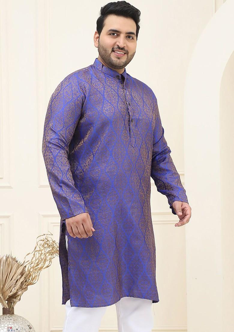Blue Ethnic Motifs Jacquard Kurta For Men