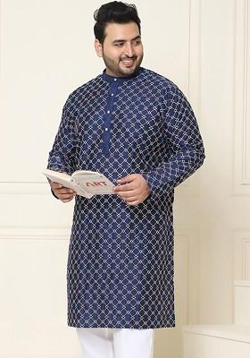Navy Blue Embroidered Silk Kurta For Men