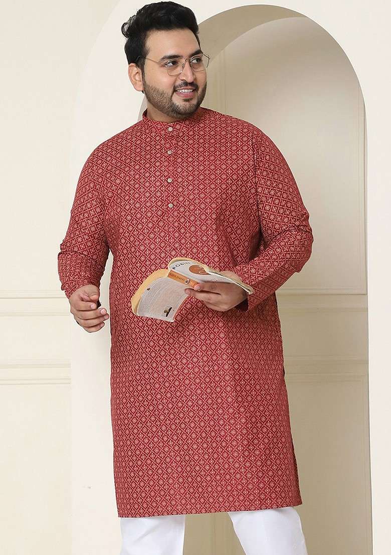 Maroon Ethnic Motifs Cotton Kurta For Men - Indya