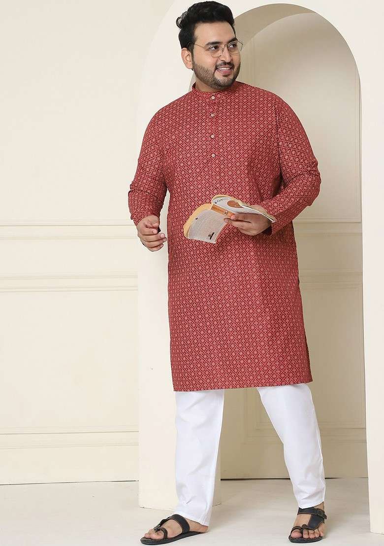 Maroon Ethnic Motifs Cotton Kurta For Men - Indya