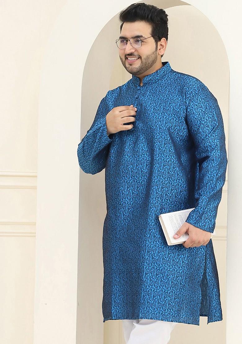 Blue Woven Poly Blend Kurta For Men