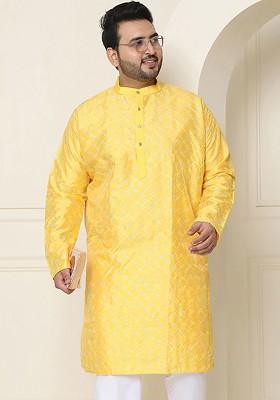 Mustard Embroidered Poly Blend Kurta For Men