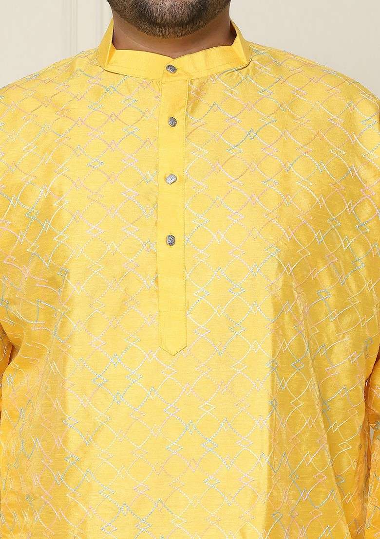 Mustard Embroidered Poly Blend Kurta For Men - Indya