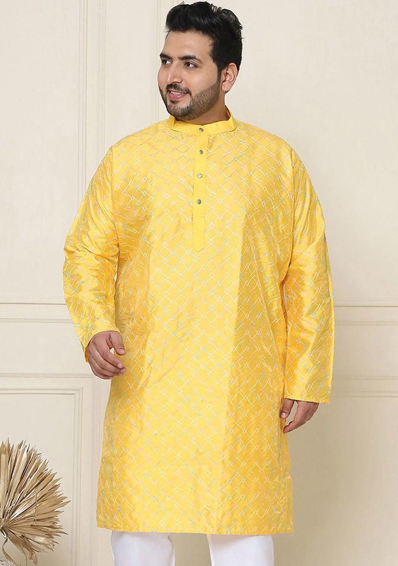 Mustard Embroidered Poly Blend Kurta For Men
