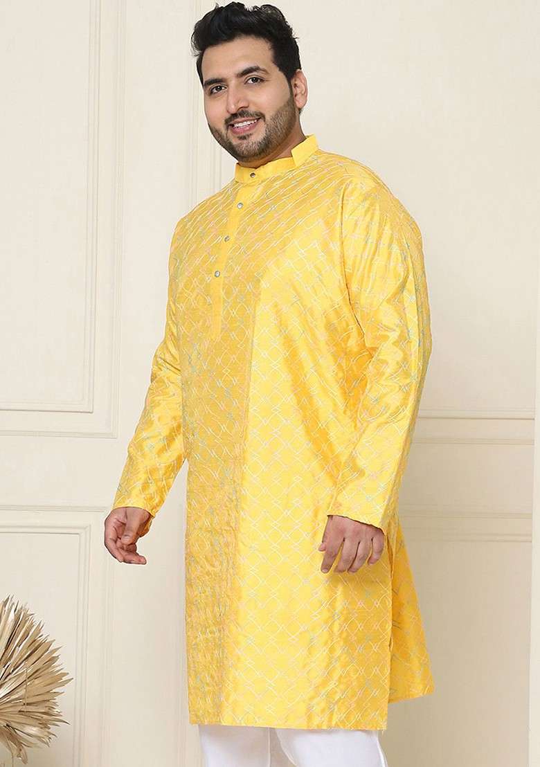 Mustard Embroidered Poly Blend Kurta For Men - Indya
