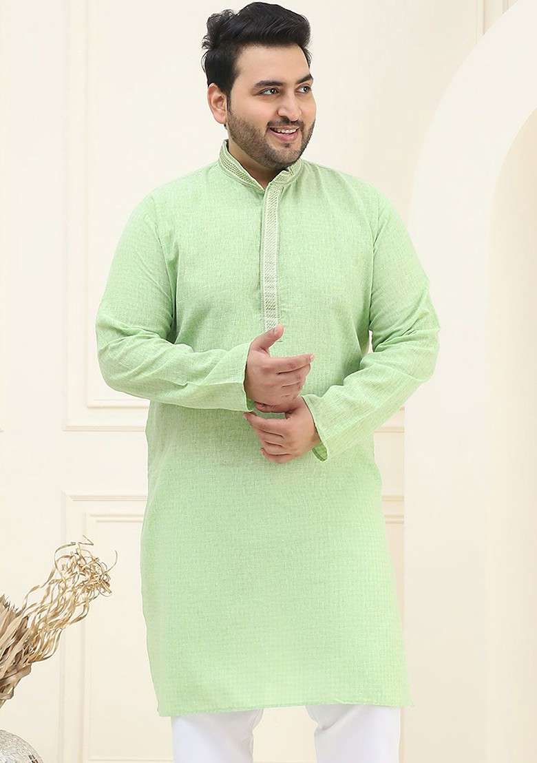 Sea Green Solid Cotton Kurta For Men - Indya