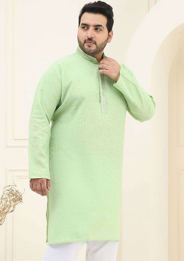 Sea Green Solid Cotton Kurta For Men - Indya