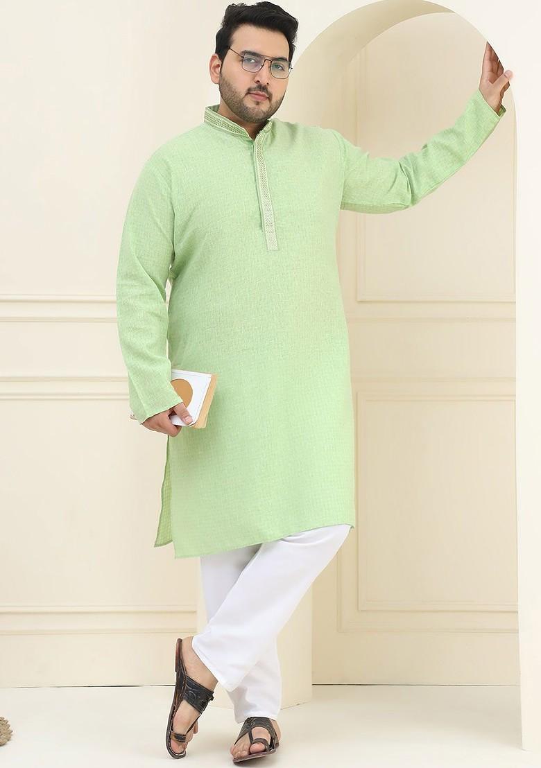 Sea Green Solid Cotton Kurta For Men
