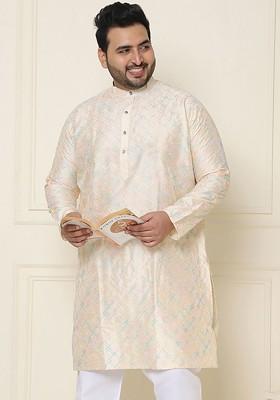 Cream Embroidered Poly Blend Kurta For Men