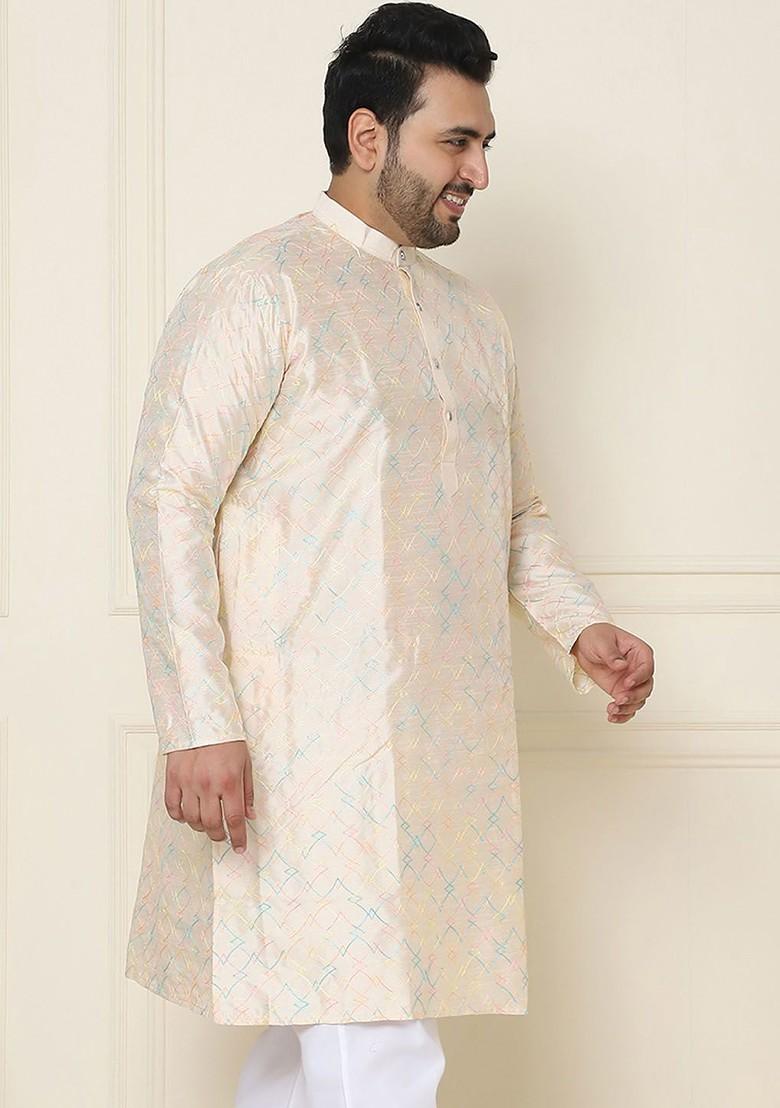 Cream Embroidered Poly Blend Kurta For Men