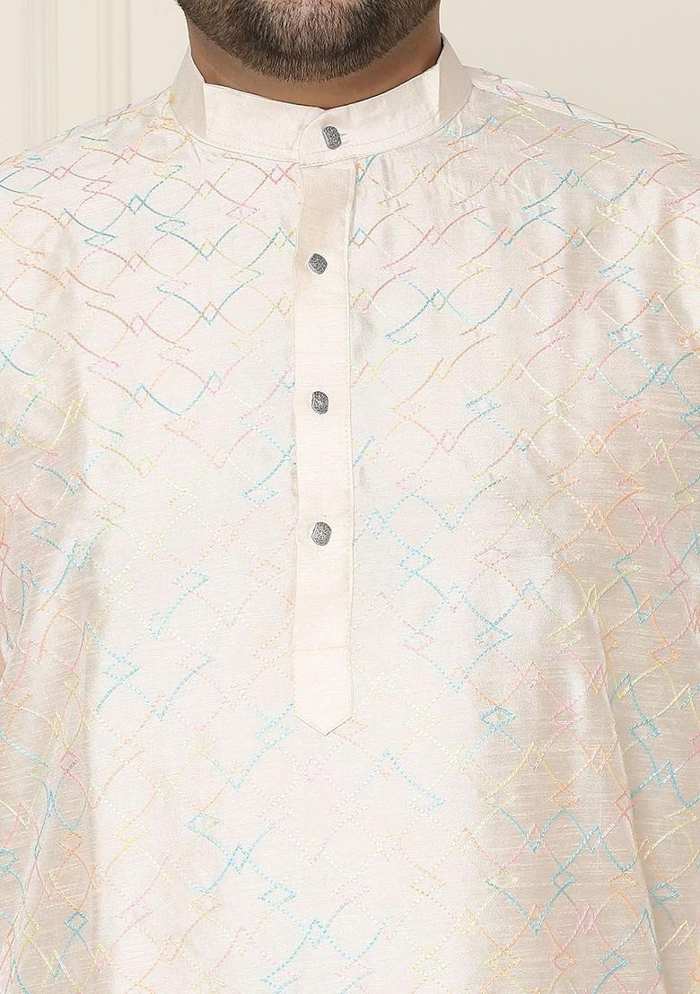 Cream Embroidered Poly Blend Kurta For Men