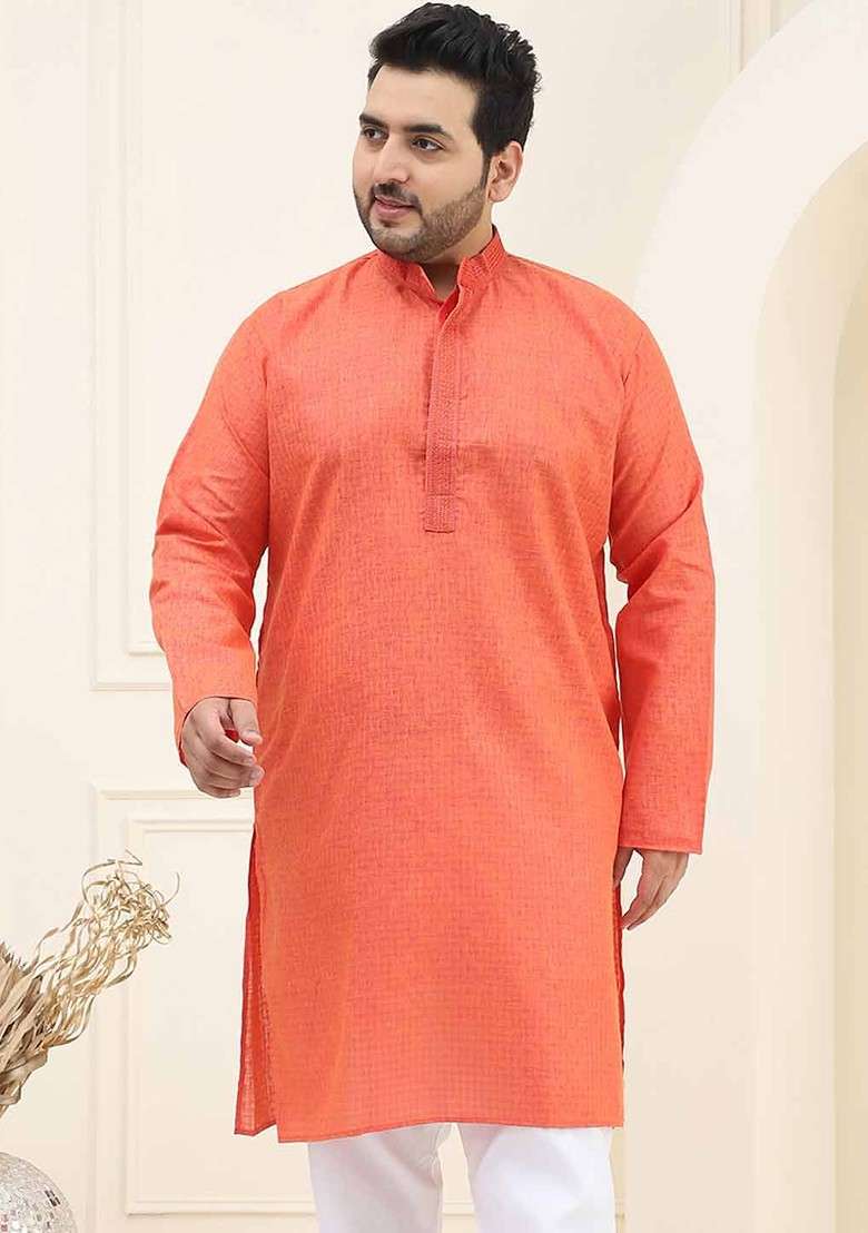 Coral Pink Printed Cotton Kurta For Men - Indya