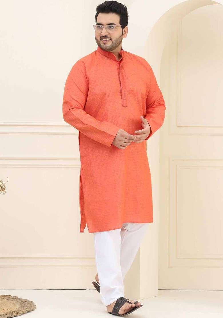 Coral Pink Printed Cotton Kurta For Men - Indya