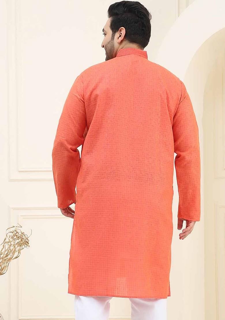 Coral Pink Printed Cotton Kurta For Men