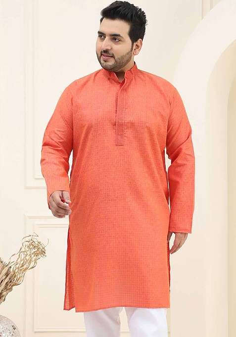Coral Pink Printed Cotton Kurta For Men