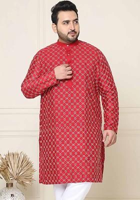 Maroon Embroidered Poly Blend Kurta For Men