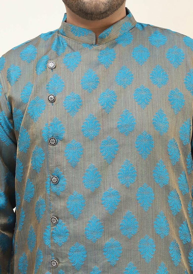Blue Ethnic Motifs Jacquard Kurta For Men
