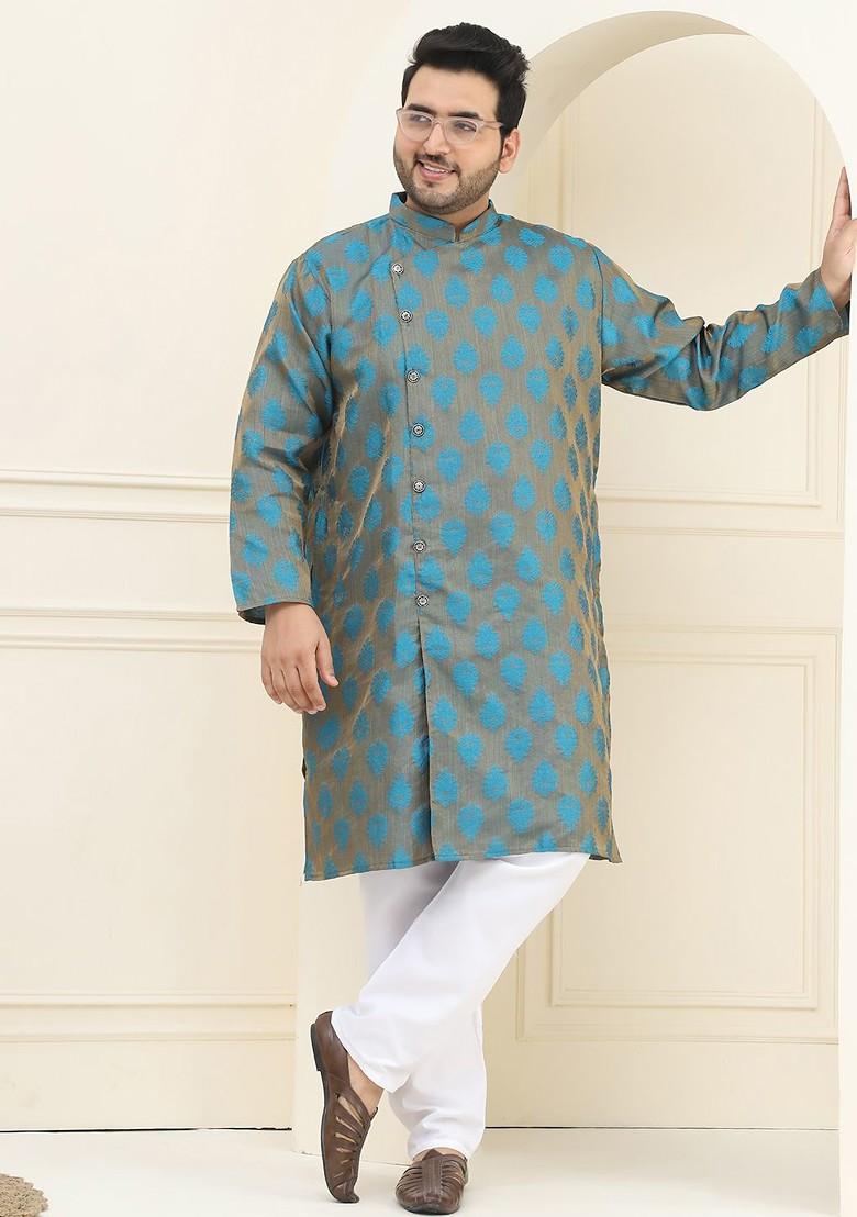 Blue Ethnic Motifs Jacquard Kurta For Men