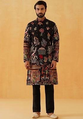 Black Thread Work Poly Blend Kurta For Men